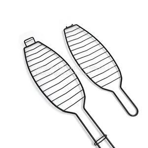 BBQ Fish Grill Basket Chrome Plated BBQ Barbecue Grill Accessories Mesh Wire Fish Basket With Wood Handle thumbnail-4
