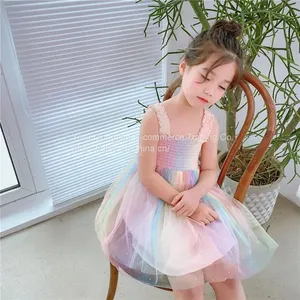 Kids Wear Dress Summer Girl Pretty Princess Dress Children Sling Sleeveless Rainbow Mesh Tutu Dress for Toddler thumbnail-4