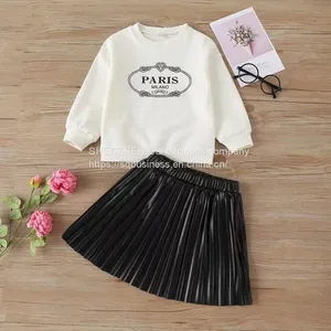 Kids Clothing Round Collar Letter Printed Hoodie Pleated Leather Skirt Children's Suit Baby Girls Long Sleeve Spring thumbnail-1