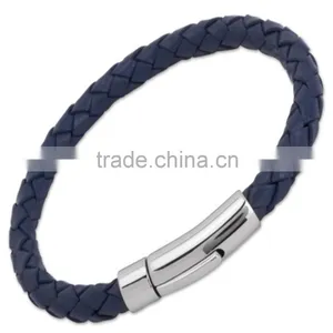Modern Design Men's Blue Leather Bracelet With Stainless Steel Clasp thumbnail-1