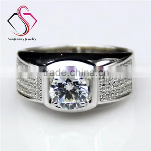 Round Brilliant Cut Moissanite 1CT 6.5mm Center 14k 18k White Gold 4 Row Accents Wide Wedding Band Men's Diamond Band thumbnail-1