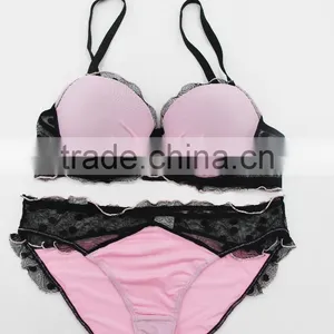 Sexy Women Bikini Set With Black Lace Pink Ladies Bra Set Underwear thumbnail-1