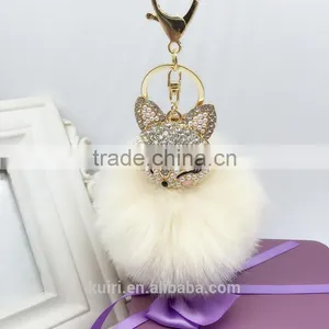 Fahsion Fox Head Faux Fur Keychain HandBag Rhinestone Pendant Charm Soft Car Key Ring 4 Colors Fmq-11 thumbnail-3