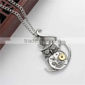 New Fashion Steampunk Necklace Link Curb Chain Antique Silver Halloween Owl Moon Gear Pendant With Clear Rhinestone thumbnail-2
