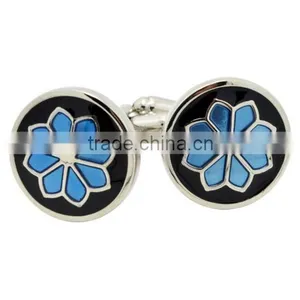 Stainless Steel Cuff Links For Men Black & Blue Flower, New Design Blue Flower Cufflinks thumbnail-1