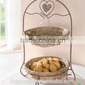 Two Tier Rustic Metal Stand With Wicker Plate and Wicker Heart and Ribbon Bow Decorated (46H-097) thumbnail-3