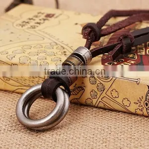 Original Genuine Brown Leather Cord Double Alloy Circle Pendant Punk Jewelry Men Necklace thumbnail-2