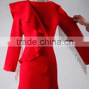 J--00103 Red Long Sleeve Muslim Evening Dress Customized Tassles o Neck Evening Gown thumbnail-5
