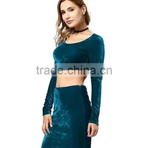 Dropshipping Apparel 2017 Latest Fashion Women's Pleuche Sexy Bodycon Crop Top Midi Skirt Dress 2 Piece Outfit Set thumbnail-4