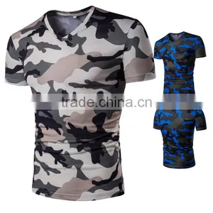 High Quality Summer Casual Clothes V-Neck Short Sleeve Camo Print T-Shirt for Men thumbnail-1