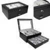 Black Leather Wooden Watch Box Case thumbnail-1
