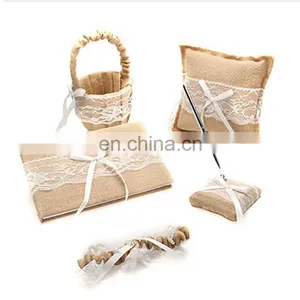 Lace Sackcloth Design Guest Book /pen Holder/ring Pillow/flower Basket Set Wedding Favor Dropship Supplier thumbnail-1