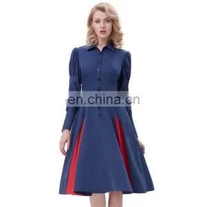 Belle Poque Victorian Style Long Sleeve Shirt Collar Contrast Color Navy Swing Retro Vintage Dress BP000366-3 thumbnail-1