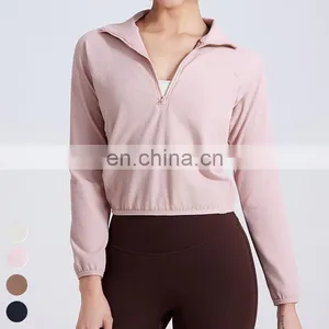 Women Clothing Loose Stand-up Collar Sport Coat Custom Running Wear Gym Fitness Tops Women Half Zipper Yoga Jacket With Pocket thumbnail-3