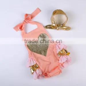 2016 Hot Selling Ruffle Rompers Set Baby Sparkle Heart Bubble Romper With Headhand Boutique Kids Summer Clothes Jumpsuit thumbnail-1