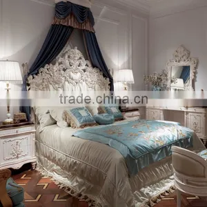 Graceful Antique White Color Solid Wood Hand Carved Headboard Double Bed thumbnail-1