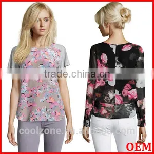 2015 Fashion Short Sleeve Tropical Flower Print Top Wholesale Custom T-shirt thumbnail-1