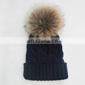 Fashion Knit Cable Hats With Big Natural Raccoon Fur Pom Poms thumbnail-6