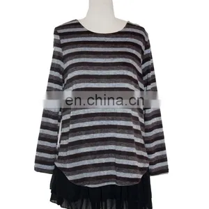 With Chiffon Lining Acrylic Striped Frill Hem Casual Wear Tunic For Fat Women thumbnail-1