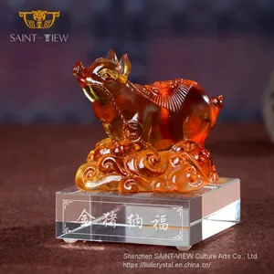 LiuLi Glass Lost-Wax Art Crystal Feng Shui Decoration - Pig Statue Chinese New Year Gift thumbnail-3