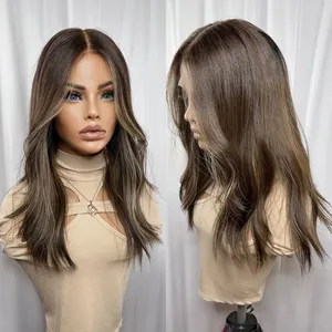 Brunette Balayage Natural Brown Roots Full Lace Wig Premium Brazilian Human Hair Cool Brown Blonde Lace Front Wig HD 13X6 180% thumbnail-2