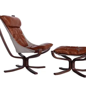 Falcon Chair With Ottoman Vatne Replica Mid-Century Leather Lounge Chair Set thumbnail-1