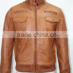 Harrington Man Fitted Tan Nappa Soft Real Leather Bomber Style Retro Jackets thumbnail-1