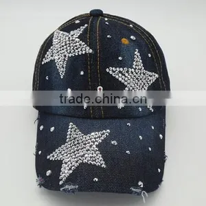 Distressed Denim Baseball Cap With Diamond thumbnail-3