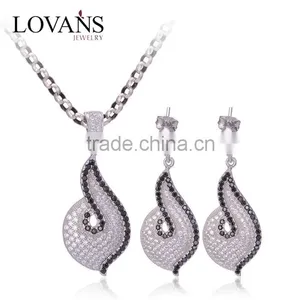 Black Spinel And White Zircon Indian Silver Jewelry Set E008 thumbnail-1
