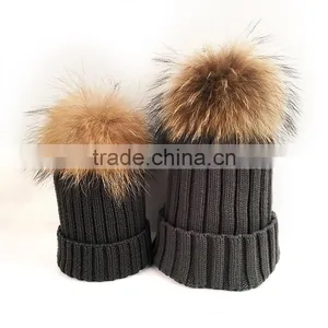 Myfur Dark Gray Wool Knitting Hat Couple Cap With Raccoon Fur Pompom thumbnail-4