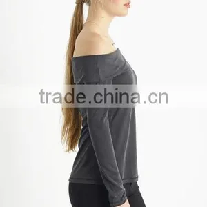 Custom Womens Off-shoulder Cotton Jersey T-Shirts,long Sleeve Black Plain Pure T-shirts for Women thumbnail-3