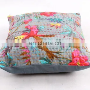 Brown Floral Kantha Cushion Cover Indian Cotton Handmade Pillow Cover Ethnic Art Decorative thumbnail-3