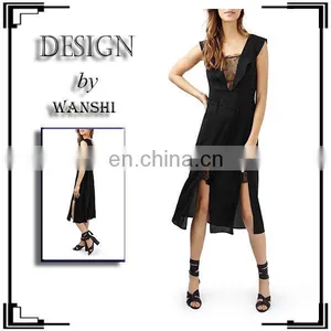 Wholesale Women Clothes Sexy Black Color Lace Trim Flutter Sleeve Midi Dress thumbnail-1