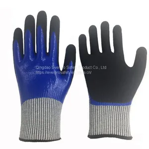 Anti Cut Level 5 13G HPPE Fiberglass Liner Nitrile Sandy Double Coated Cut Resistant Gloves With EN388 4X43D thumbnail-1
