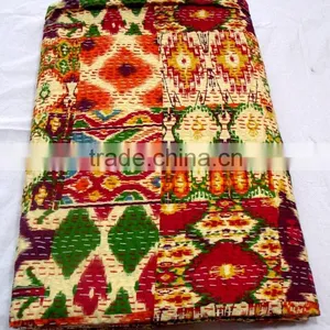 Patola Print Kantha Quilt Blanket Bedspread Reversible Throw Gudri Ralli Bohemian Quilt Blanket, Saree Patchwork thumbnail-3