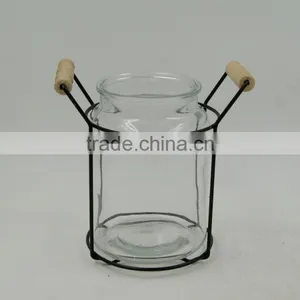 Clear Glass Vase In Black Iron Basket With Wood Handle thumbnail-1