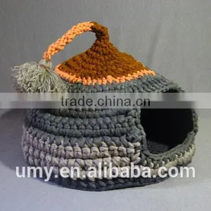Crocheted Cat Cave Pet House Pet Bed Gray And Brown With Tassel For Playing thumbnail-2