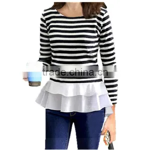Autumn Latest Design Round Neck Ivory Long Sleeve Chiffon Stitching Knitting Striped Printing t Shirt Design thumbnail-1