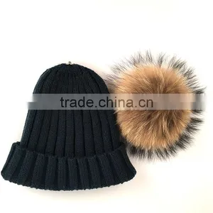 Myfur Navy High Quality Cheap Wool Knit Cap and Hat With Real Raccoon Fur Pompom thumbnail-3