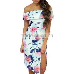Summer Front Slit One-piece Printed Floral off Shoulder Dress thumbnail-2