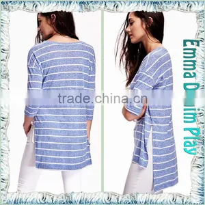 2016 Latest Custom Designer Blue Stripe Long Open Hem Womens Three Quarters Sleeve Round Neck T Shirts thumbnail-3