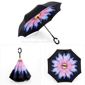 Factory Wholesale High Quality Logo Printed Inside Out Inverted Reversible Umbrella for Car thumbnail-2
