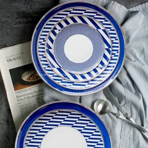 Wholesale High Quality Dinnerware Japanese Porcelain Dishes Blue Rim Stripe Ceramic Steak Plate thumbnail-3