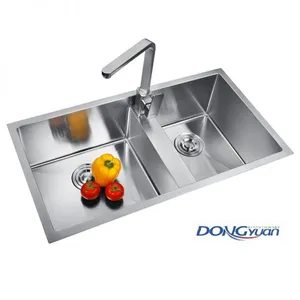 Guangdong Dongyuan Kitchenware 820×450×230mm Brushed Stainless Steel Low Divide Handmade Dual Mount Kitchen Sink (DY-HA550-824523-R10) thumbnail-1