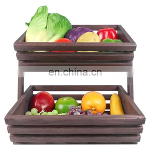 Nature Wood Fruit Basket 2 Tier Fruit Stand Countertop Fruit Holder For Kitchen thumbnail-2