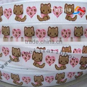 Cats and Love Hearts Printed White Grosgrain Ribbon thumbnail-1