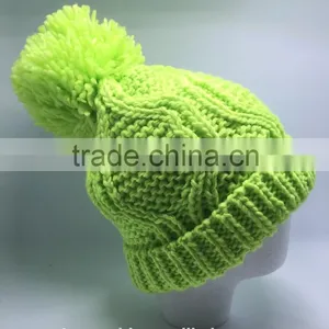 Winter Fluorescent Col Chunky Cable Knitted Hat Beanie With Big Pompon for Kid and Lady thumbnail-2