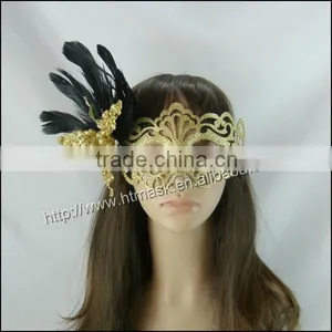 Sexy Black Chicken Feather Golden Flower Beads Masquerade White Party Mask thumbnail-1