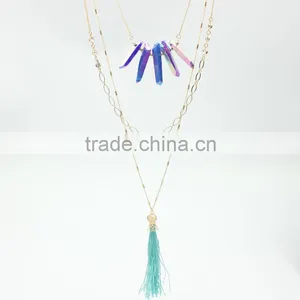 Fashion Boho Crystal Beaded Long Tassels Layering Fringe Pendant Necklace NNK-100974-1 thumbnail-1