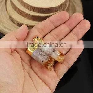 JF6887 Hot Sale Gold Plated Druzy Citrine Quartz Cylinder Column Pendants With Gold Cap and Bail thumbnail-2